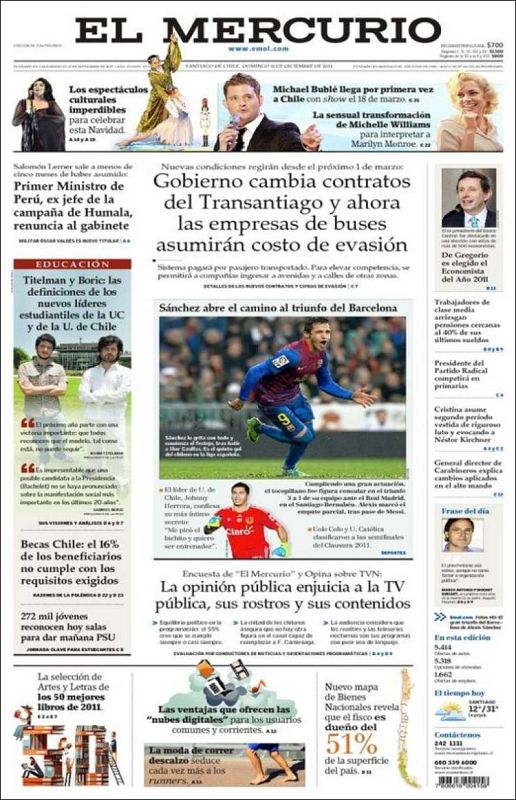 El diario chileno "El Mercurio" centra su atención en la actuación de Alexis Sánchez, que abrió el marcador para el Barça.
