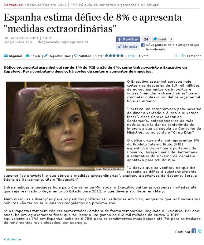 El  'Jornal de negocios'  portugués destaca que España estima un déficit de un 8% y anuncia "medidas extraordinarias"
