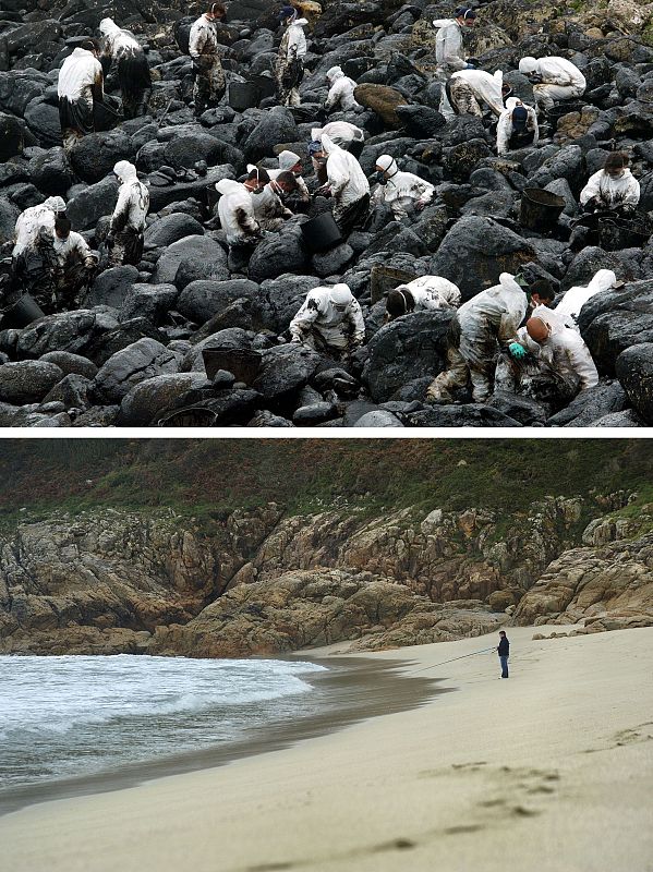 Los voluntarios limpian el chapapote en la playa de Muxia el 17 de abril de 2003. La imagen de abajo muestra la misma playa en noviembre de 2002.