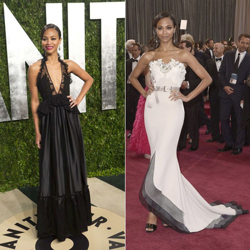 Zoe Saldana llegó a la fiesta post-Oscar con un vestido negro de Givenchy Resort pero la primera vez que la vimos llevaba un diseño de Alexis Mabille Haute Couture.