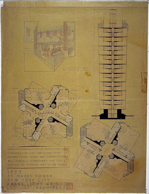 St. Mark's-in-the-Bouwerie Tower, Nueva York. 1927-31. Perspectiva interior, sección y plantas de la sala de estar y niveles de balcón. Tinta, lápiz y lápiz de color sobre cortina de ventana, 47 x 35" (119.4 x 88.9 cm).