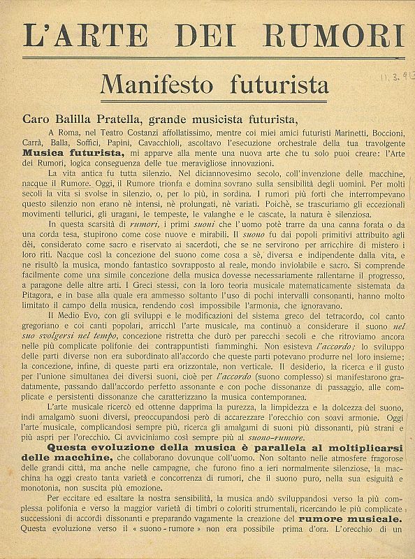 "El arte del ruido: Manifiesto Futurista" (¿L¿arte dei rumori: Manifesto futurista¿), de Luigi Russolo (1913)