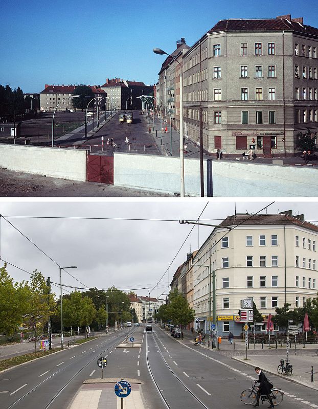 Una foto tomada en 1989 (arriba) muestra el muro de Berlín visto desde el oeste. La foto de abajo está tomada en septiembre de 2014.