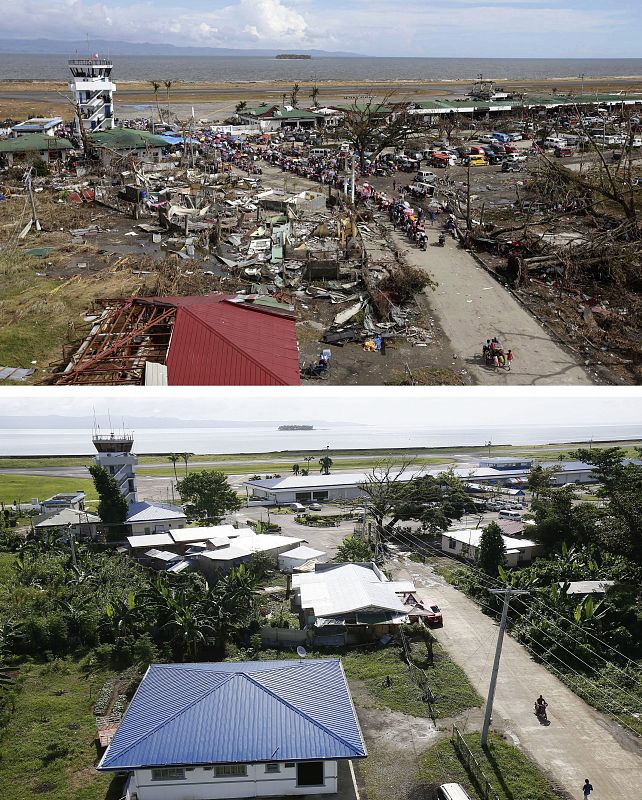 Devastación en el aeropuerto de Tacloban tras el paso del tifón Haiyan y su recuperación un año después
