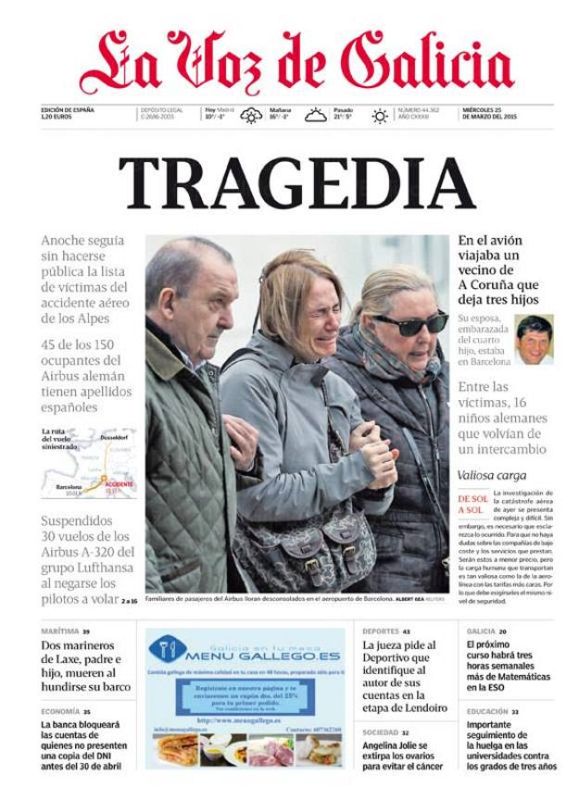 'La Voz de Galicia' resume el accidente del vuelo 4U 9525 en una palabra, "Tragedia".