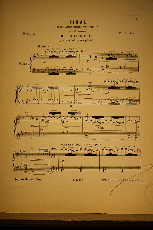 Partitura de la 'Fantasía morisca para orquesta', arreglada para piano por Ruperto Chapí