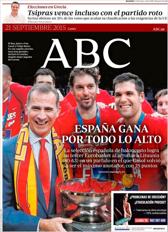 Una imagen de Gasol y Reyes junto al rey Felipe VI abre la portada del diario ABC.