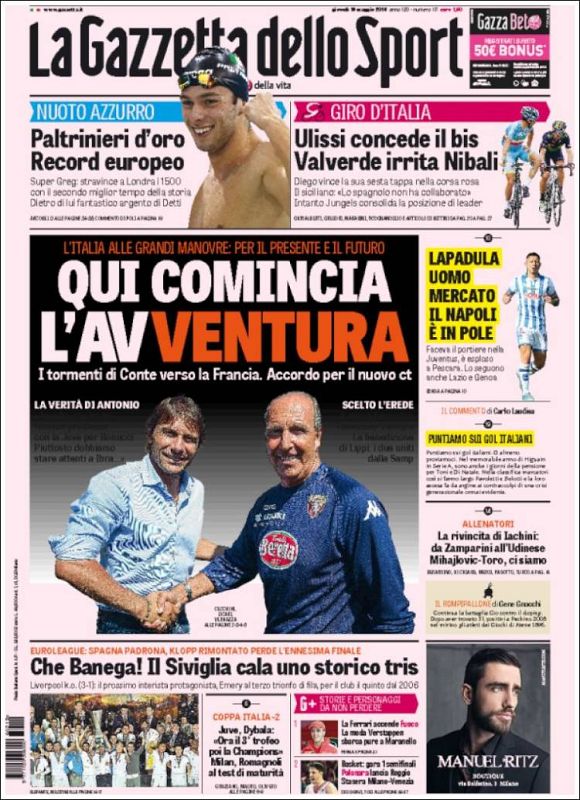 En Italia, la Gazzetta dello Sport reserva una parte de su portada para el "histórico" éxito sevillista.