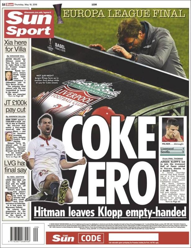 El también británico Sun Sport ha elegido el mismo titular que el Mirror, con el juego de palabras "Coke Zero".