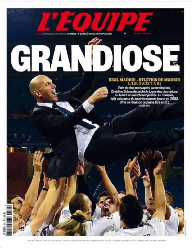 El francés L'Equipe da su foto de portada a Zidane, al que titula "Grandioso" siendo manteado tras ganar la Champions.