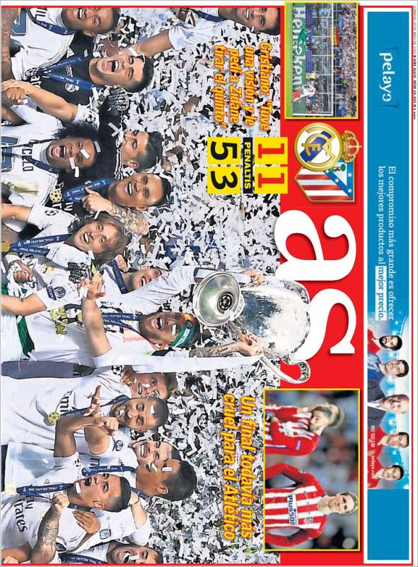 El diario deportivo madrileño As abre a doble portada con la imagen de los jugadores blancos celebrando la consecución de la Champions.