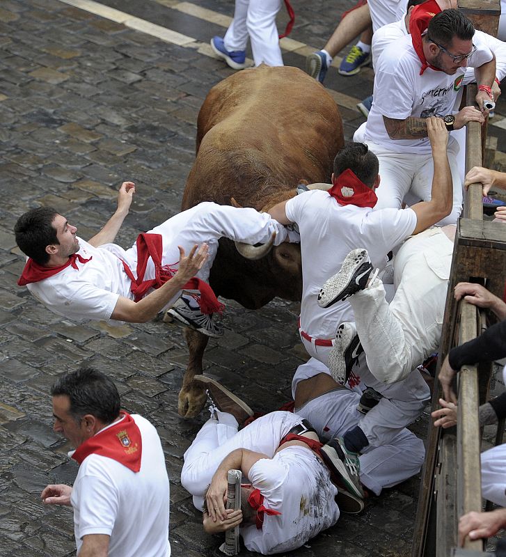 Uno de los toros, de capa colorada, ha adelantado al resto de la manada y ha arrollado a varios mozos en el vallado de la Plaza del Ayuntamiento en el séptimo encierro
