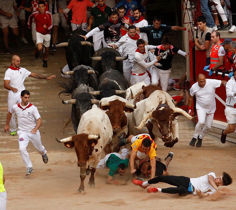 Los toros de la ganadería sevillana de Miura, a su entrada en la plaza de Toros de Pamplona.
