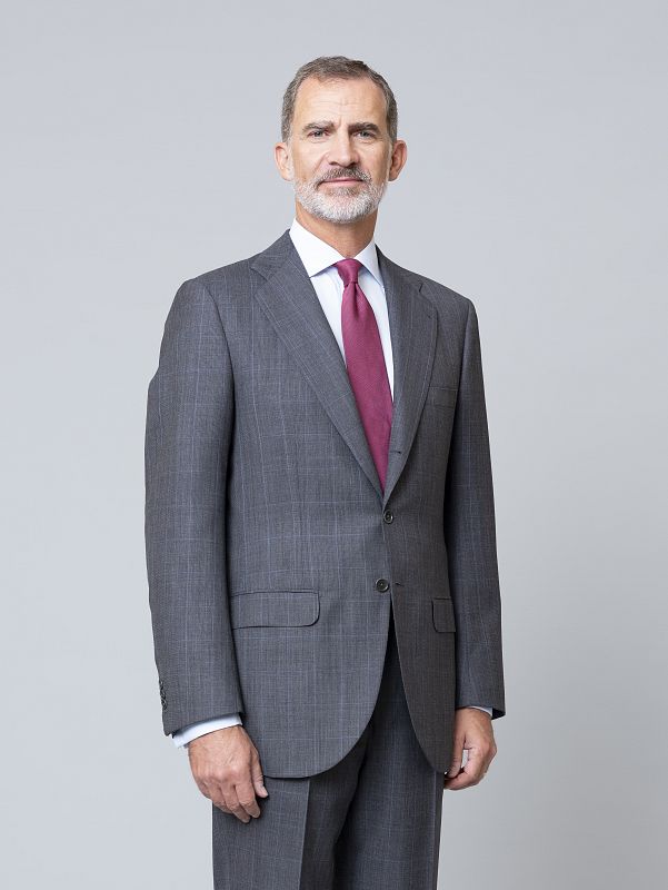 El rey de España posa en la que será su nueva fotografía oficial a partir de ahora en el Palacio de la Zarzuela. Viste corbata granate, traje grisáceo y camisa azul claro.