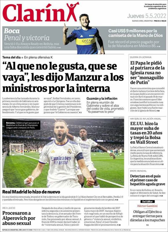 En Argentina, Clarín lleva el partido a su portada destacando que el Madrid "lo hizo de nuevo".