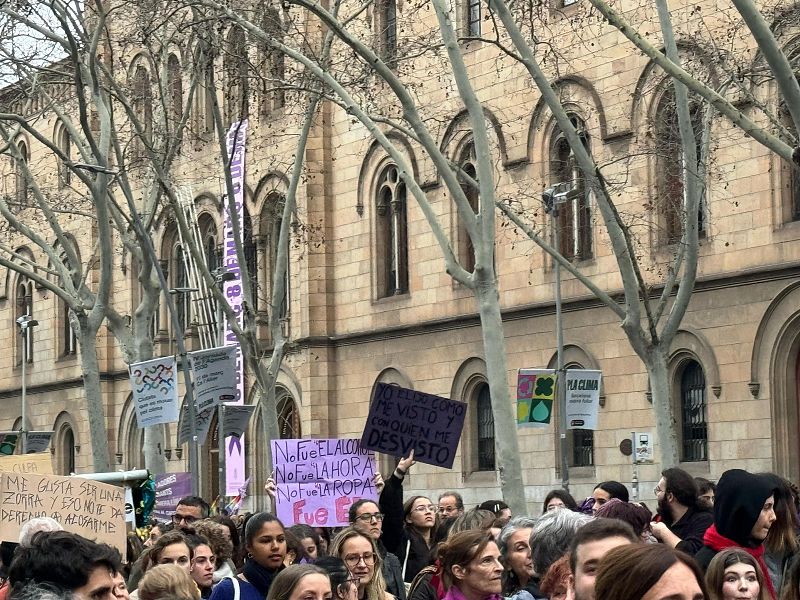 Multitud en manifestación feminista con pancartas con lemas como "Me gusta ser una zorra...", "No fue el alcohol...", y "Yo visto como me visto...",  en un entorno urbano con árboles sin hojas.