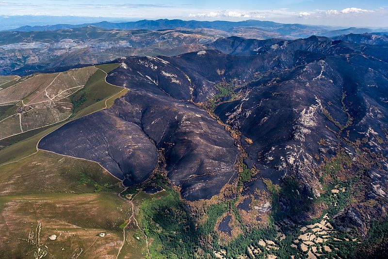 Vista aérea de un incendio forestal en zona montañosa, mostrando la devastación: grandes extensiones quemadas (negro intenso) contrastan con vegetación verde.  Se aprecian caminos.