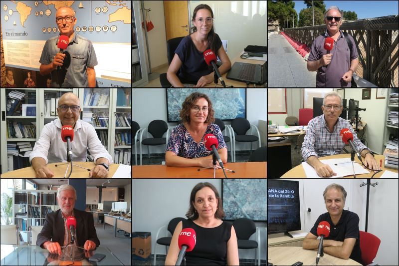 Nueve fotografías muestran a personas con micrófonos de RNE en diferentes escenarios: un hombre frente a un mapa, una mujer en una oficina, otro en un puente, y más, todos con el logo de la emisora.