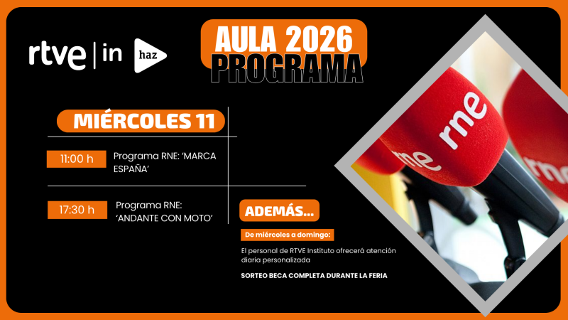 Un anuncio de RTVE promociona el programa "Aula 2026", destacando la programación del "Miércoles 11" con programas de RNE y ofreciendo atención personalizada y un sorteo de becas.