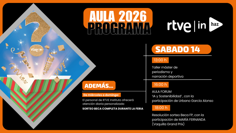 Cartel promocional de RTVE para el programa "AULA 2026", con un diseño en tonos naranja y negro, mostrando una caja de regalo abierta con confeti y un signo de interrogación dorado.
