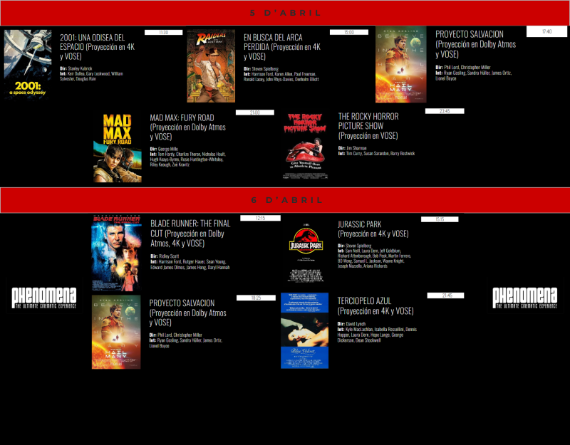 Cartelera de Phenomena, con proyecciones en VOSE y 4K/Dolby Atmos de películas como "2001: Una odisea del espacio", "En busca del arca perdida", "Blade Runner: The Final Cut" y "Jurassic Park", entre el 5 y 6 de abril.