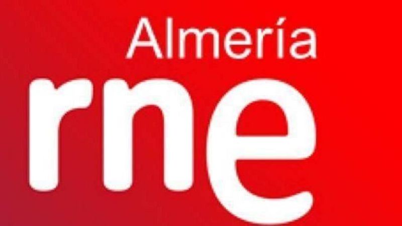 Logotipo blanco "Almería" y "rne" sobre fondo rojo intenso. Diseño limpio y directo.