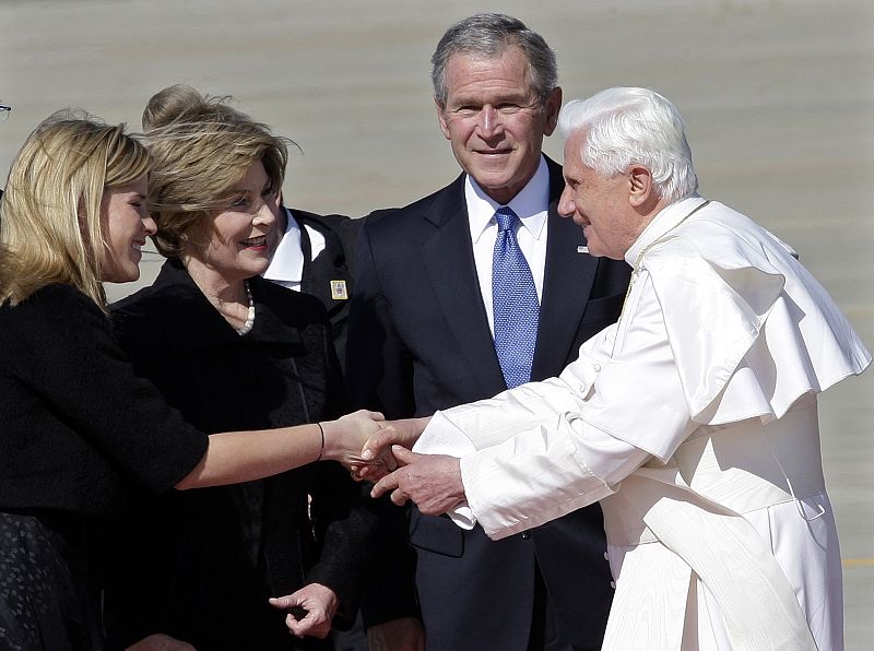 Pope Benedict XVI is greeted by U.S. President George W. Bush and his family as he arrives at the Andrews Air Force base outside Washington