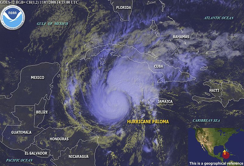 A NOAA satellite image shows the position of Hurricane Paloma at 1500 GMT November 7, 2008