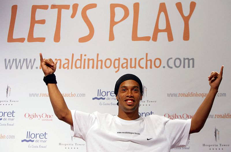 Barcelona's Brazilian soccer player Ronaldinho poses during presentation of his official website in Barcelona