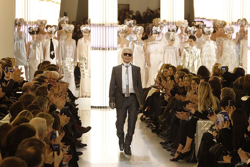 German designer Lagerfeld appears at the end of his Haute-Couture Spring Summer 2010 fashion show for French fashion house Chanel in Paris