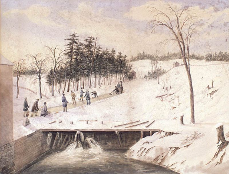 Acuarela de una partida de curling en el lago Don Toronto.