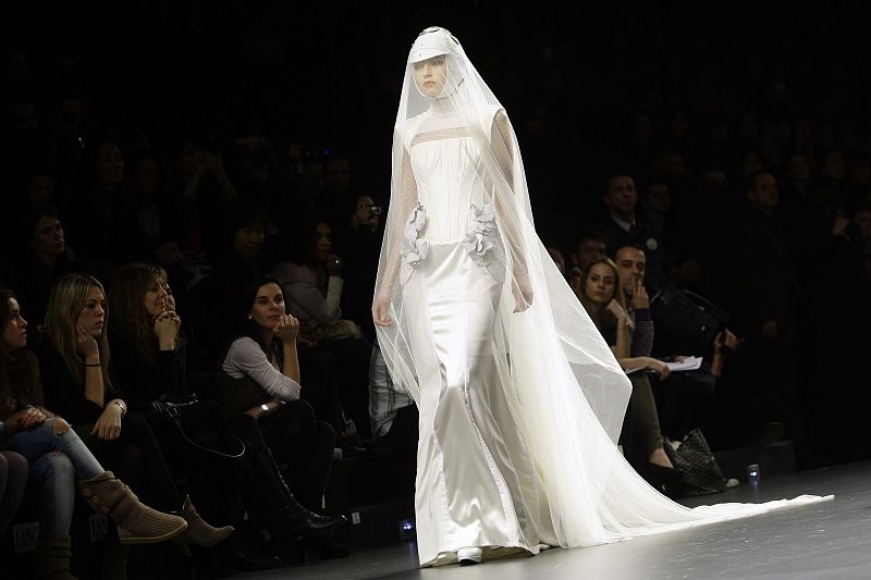 A model displays a creation by designer Nicolas Vaudelet during the Cibeles Madrid Fashion Week Fall/Winter 2010 show in Madrid