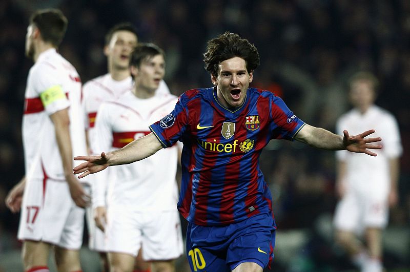 Barcelona's Messi celebrates after scoring a goal against VfB Stuttgart during their Champions League soccer match in Barcelona