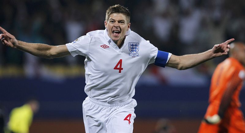 England's Steven Gerrard celebrates scoring a goal in their 2010 World Cup Group C soccer match against the US at Royal Bafokeng stadium in Rustenburg