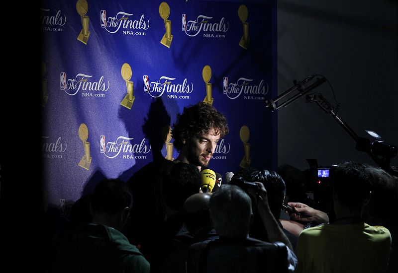 Los Angeles Lakers' Pau Gasol of Spain is interviewed after practice for the NBA Finals basketball series against the Boston Celtics in Los Angeles