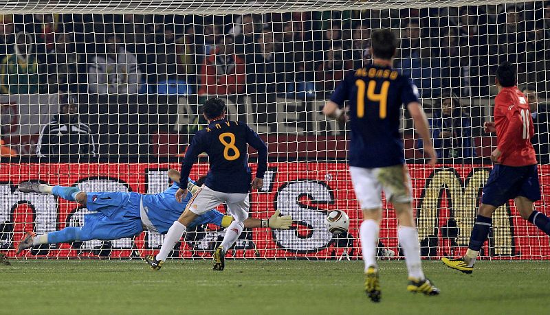 Chile's goalkeeper Bravo concedes a goal against Spain during a 2010 World Cup Group H match at Loftus Versfeld stadium in Pretoria