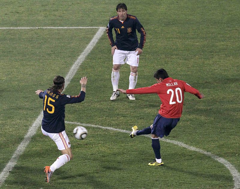 Chile's Rodrigo Millar scores a goal during a 2010 World Cup Group H match against Spain at Loftus Versfeld stadium