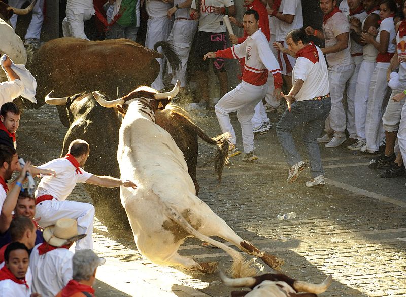 Runners sprint alongside Penajara fighting bulls at the town hall curve during the first running of the bulls on the second day of the San Fermin festival in Pamplona.