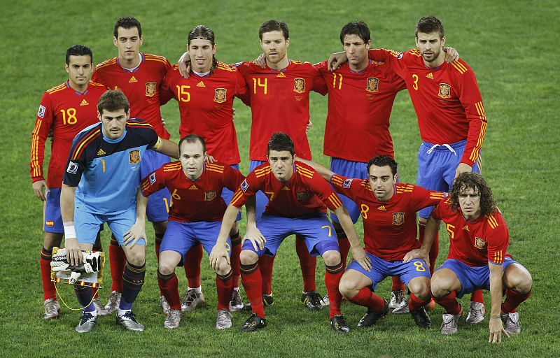 Spanish players pose for a team photograph before their 2010 World Cup semi-final soccer match against Germany at Moses Mabhida stadium in Durban