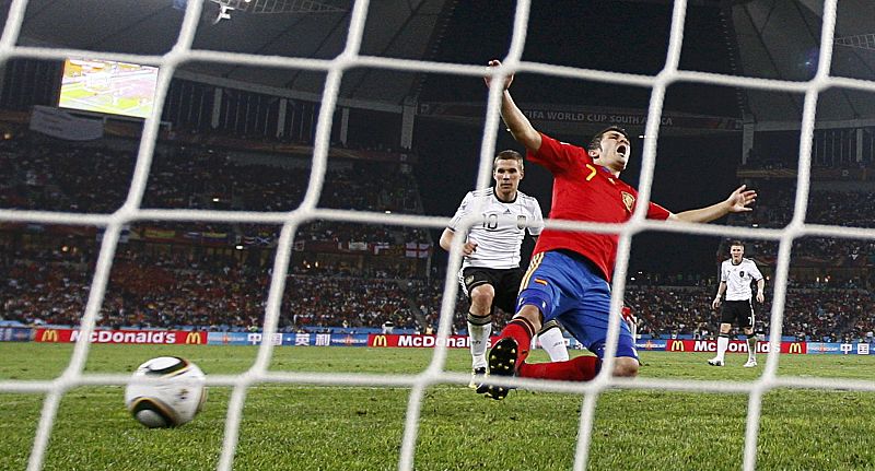 Spain's David Villa fails to hit the ball to score during the 2010 World Cup semi-final soccer match against Germany at Moses Mabhida stadium in Durban