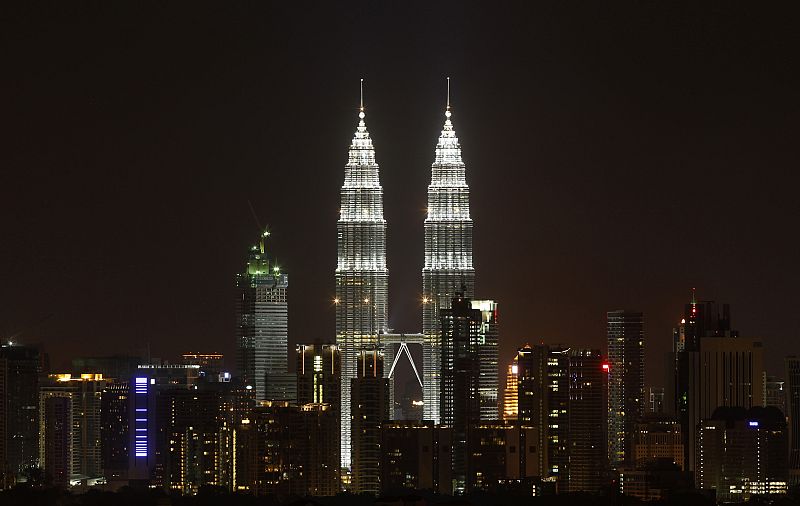 The Petronas Twin Towers in Kuala Lumpur are pictured before lights were turned off for Earth Hour