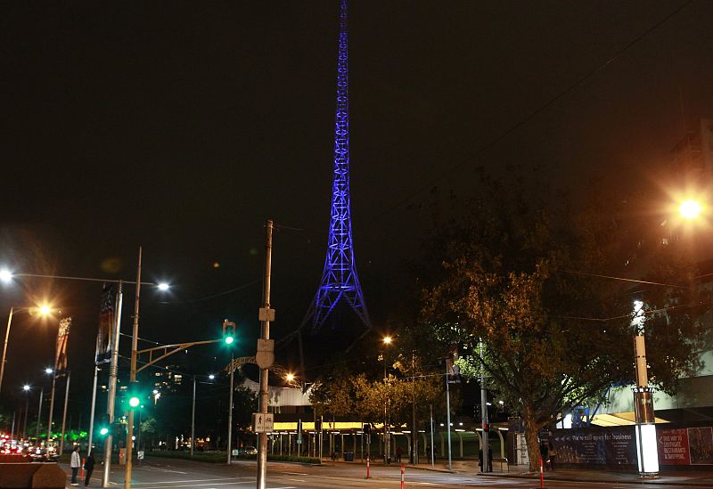 A view of the Melbourne Arts Centre after the lights were turned off for Earth Hour in Melbourne