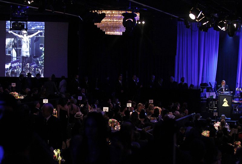 Record producer Clive Davis speaks about Whitney Houston during the 2012 Pre-Grammy Gala & Salute to Industry Icons at the Beverly Hilton Hotel in Beverly Hills, Californi