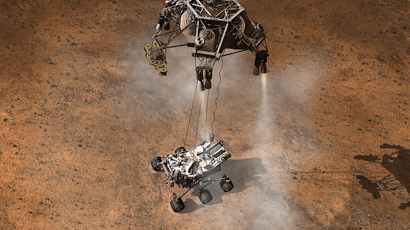 La 'Sky Crane' bajando a Curiosity