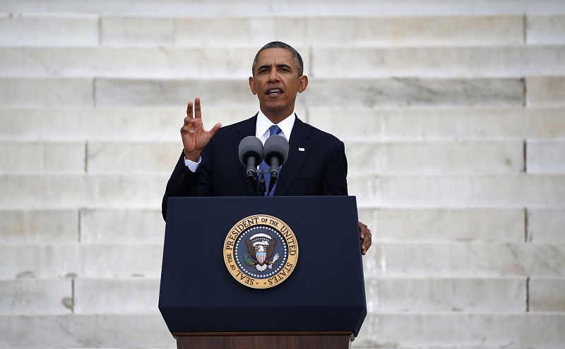 Obama speaks during a ceremony marking the 50th anniversary of Martin Luther King's "I have a dream" speech in Washington