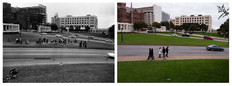 Combinación de imágenes de la callle Elm, en la plaza Dealey, por la que pasó la comitiva de JFK; a la derecha, el mismo escenario hoy