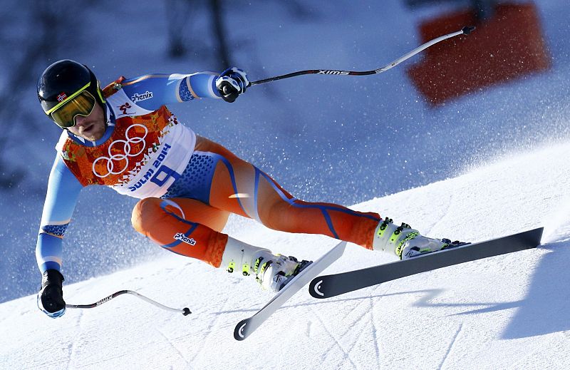 Norway's Jansrud skis during the downhill run of the men's alpine skiing super combined event at the 2014 Sochi Winter Olympics