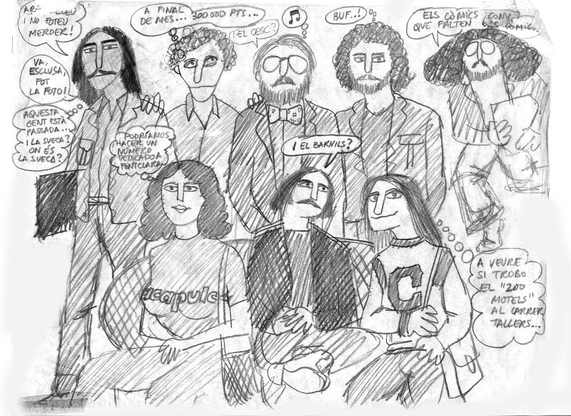 Dibujo de Quim Monzó del primer consejo de redacción de 'Ajoblanco'