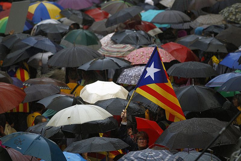 Una manifestante entre la multitud, porta una bandera estelada, en la Plaza Sant Jaume de Barcelona