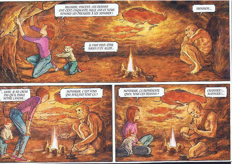 Bisontes de la cueva de Altamira (13000 aC) en el cómic Au fil de l'art (2012) de Ivana y Gradimir Smudja Observese que el pintor paleolítico no es otro que Pablo Ruiz Picasso